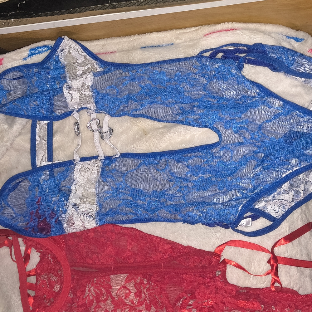 Blue and White Lace Bodysuit